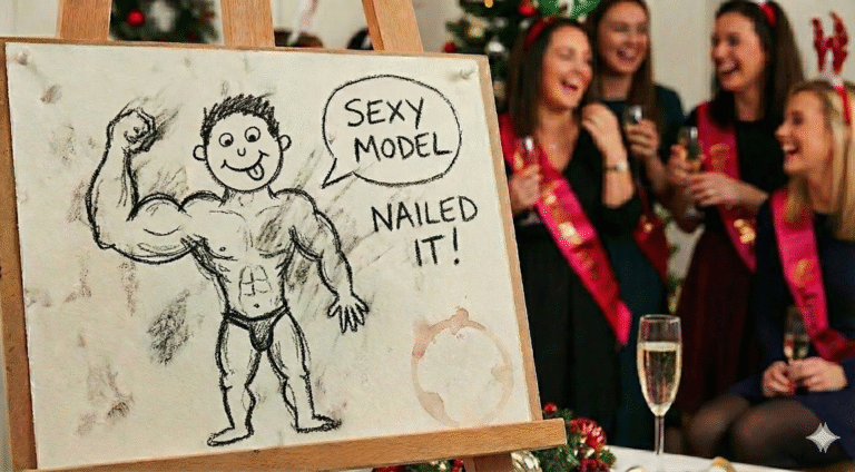 A funny sketch of a male model at a life drawing class